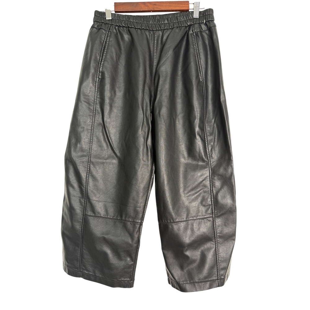 Anthropologie Pilcro Izzie Vegan Leather Barrel Pants Black Pull On Cropped SP - Picture 2 of 5